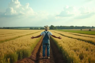 Vaste champ agricole de 50 hectares en France avec agriculteur illustrant l'échelle de la superficie