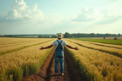 Vaste champ agricole de 50 hectares en France avec agriculteur illustrant l'échelle de la superficie