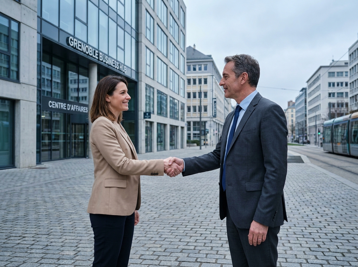 Deux professionnels concluant un accord immobilier devant un immeuble commercial à Grenoble en Rhône-Alpes