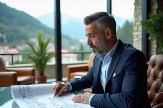 Homme d'affaires en costume marine examinant des documents immobiliers dans un bureau moderne avec vue sur les montagnes andorranes