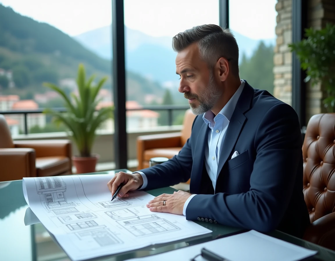 Homme d'affaires en costume marine examinant des documents immobiliers dans un bureau moderne avec vue sur les montagnes andorranes