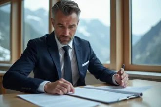 Homme d'affaires examinant des documents immobiliers dans un bureau de notaire en Andorre avec vue sur les montagnes