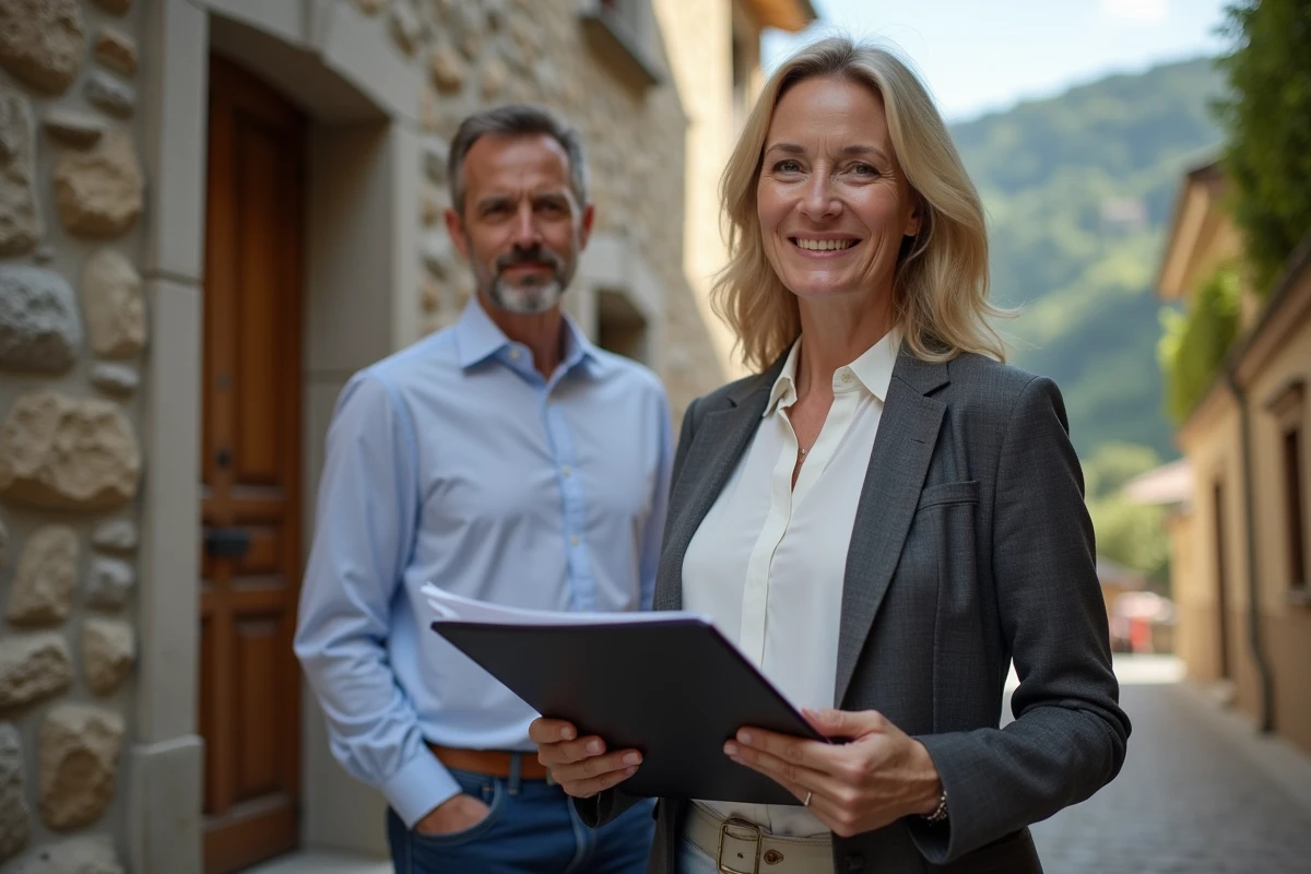 Femme d'affaires discutant avec un agent immobilier devant une maison en pierre traditionnelle en Andorre