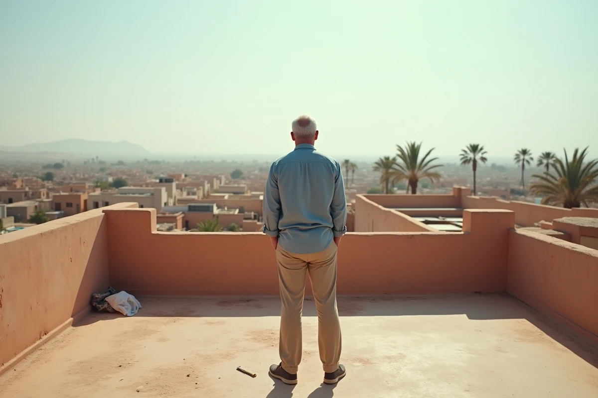 Acheteur français sur la terrasse inachevée d'une maison en rénovation à Marrakech