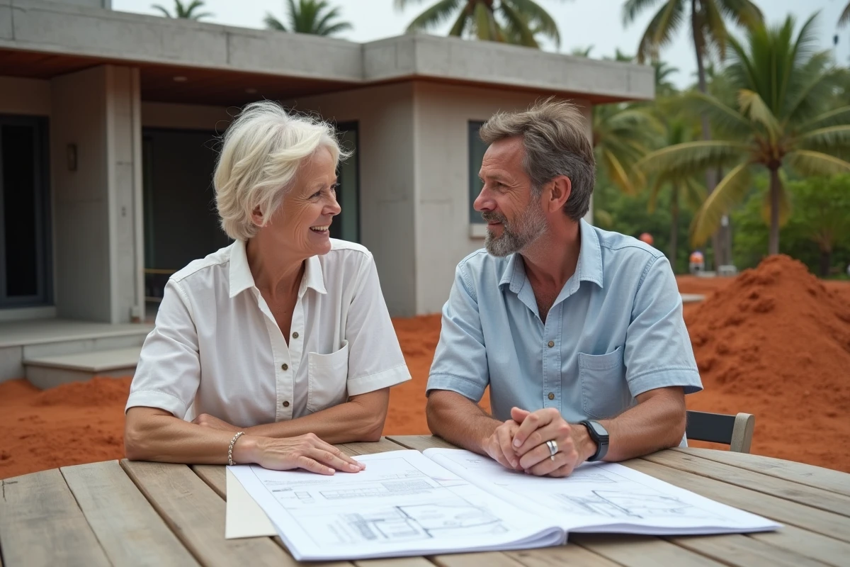 Couple d'acheteurs étudiant les plans d'une villa en programme neuf sur un chantier à Koh Samui
