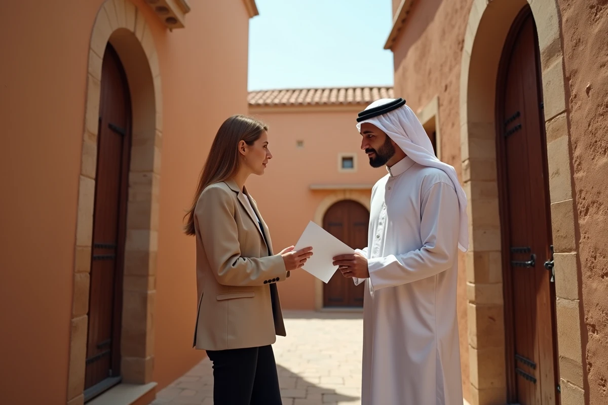 Acheteuse française discutant d'un contrat immobilier avec un notaire dans la médina de Marrakech