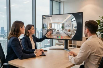 Agente immobilière présentant un tour virtuel 360 degrés à des clients dans une agence immobilière moderne et premium