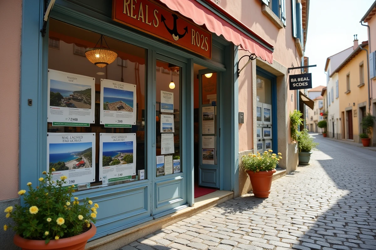 Vitrine d'agence immobilière avec annonces de maisons vue mer dans un village côtier du Var