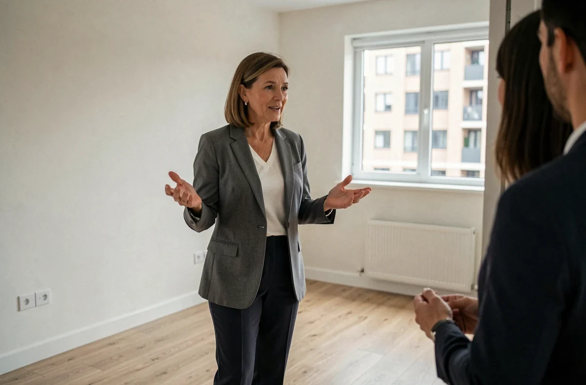 Agent immobilier présentant une chambre de T3 vide à un couple lors d'une visite appartement