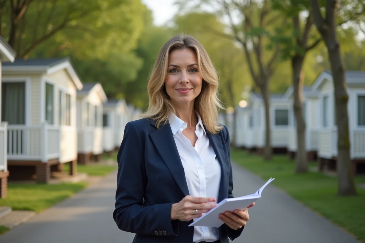 Agente immobilière présentant les charges d'un parc résidentiel de loisirs à un futur acheteur de parcelle à l'année
