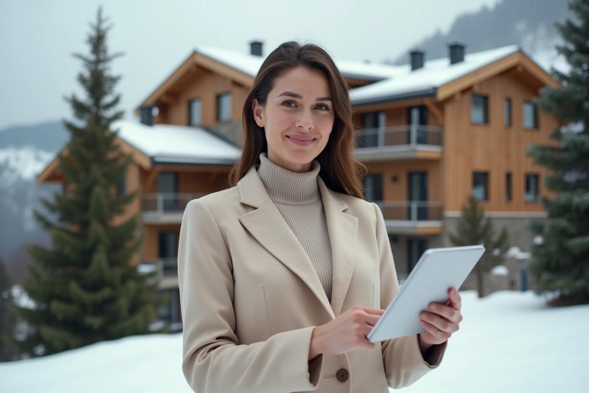 Agent immobilier présentant un programme de défiscalisation pour un appartement à vendre aux Menuires en station de ski