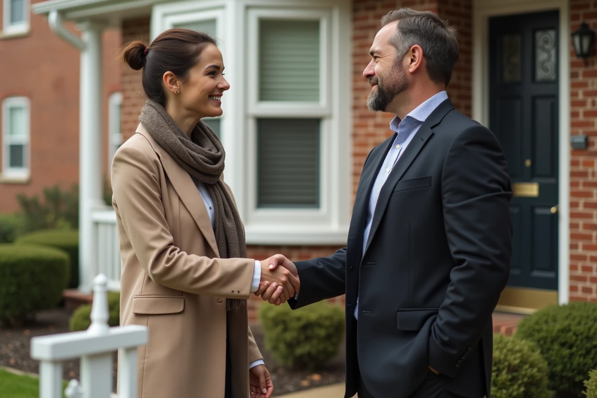 Agent immobilier saluant un client devant maison en vente
