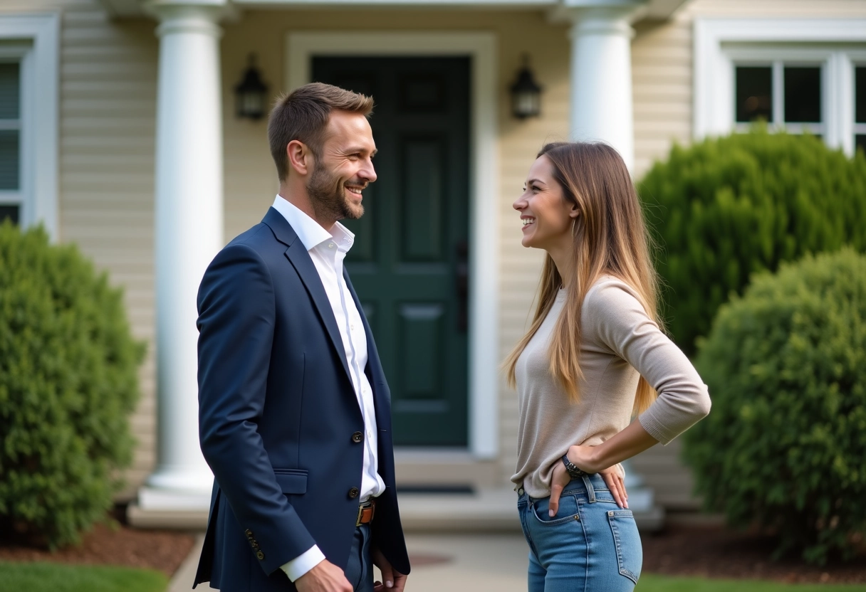 Agent immobilier souriant accueillant un couple devant une maison