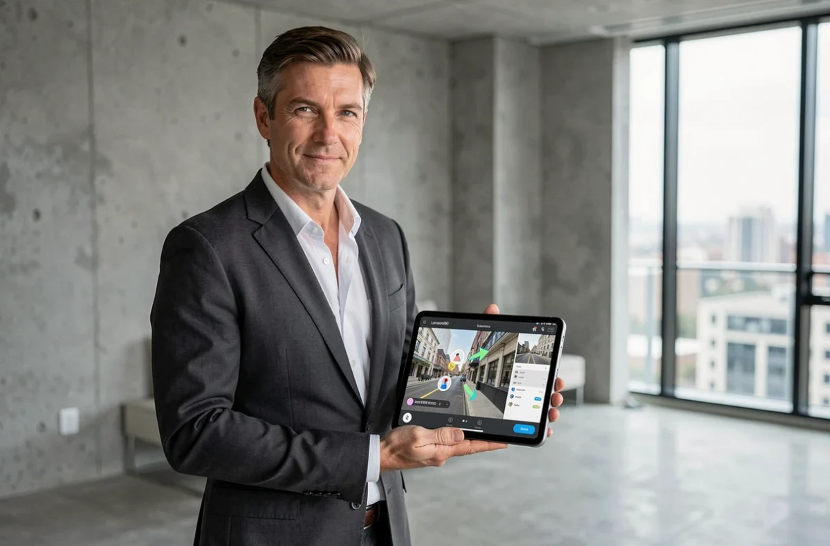 Agent immobilier utilisant une tablette pour montrer un tour virtuel 360 dans un appartement de standing vide