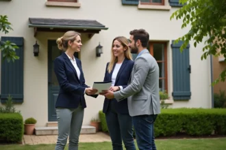 Agent immobilier remettant des documents à des acheteurs devant une maison à vendre en Loire-Atlantique