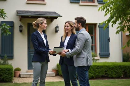 Agent immobilier remettant des documents à des acheteurs devant une maison à vendre en Loire-Atlantique