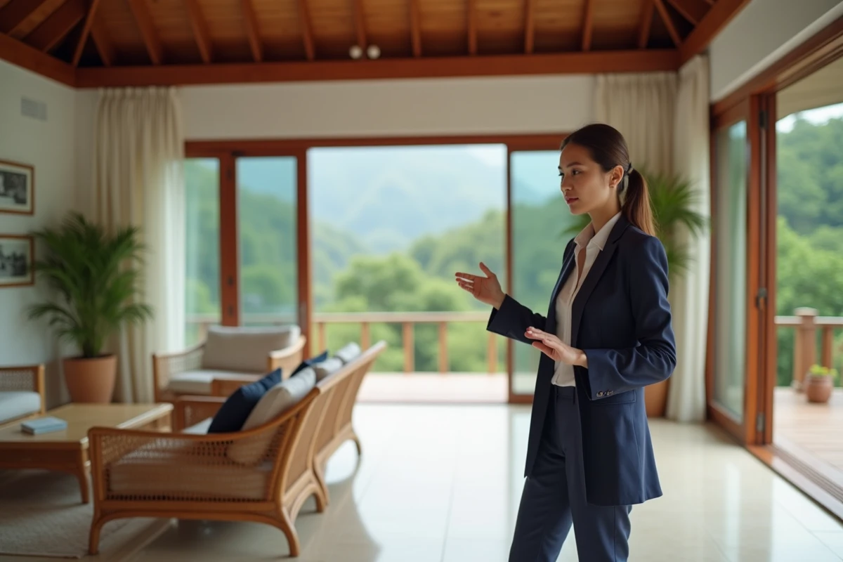 Agent immobilier présentant une villa en revente à Koh Samui avec vue sur la jungle tropicale