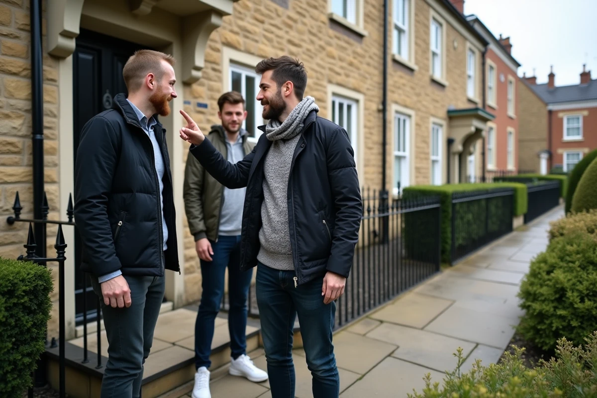 Agent immobilier indique une maison à un jeune couple devant une façade en pierre