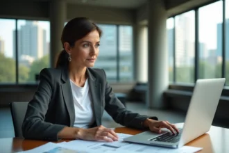 Femme d'affaires analysant un bail commercial et les indices ILAT ICC dans un bureau tertiaire moderne