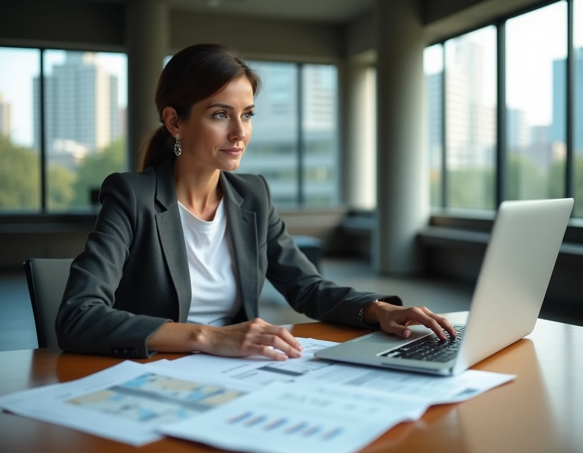 Femme d'affaires analysant un bail commercial et les indices ILAT ICC dans un bureau tertiaire moderne
