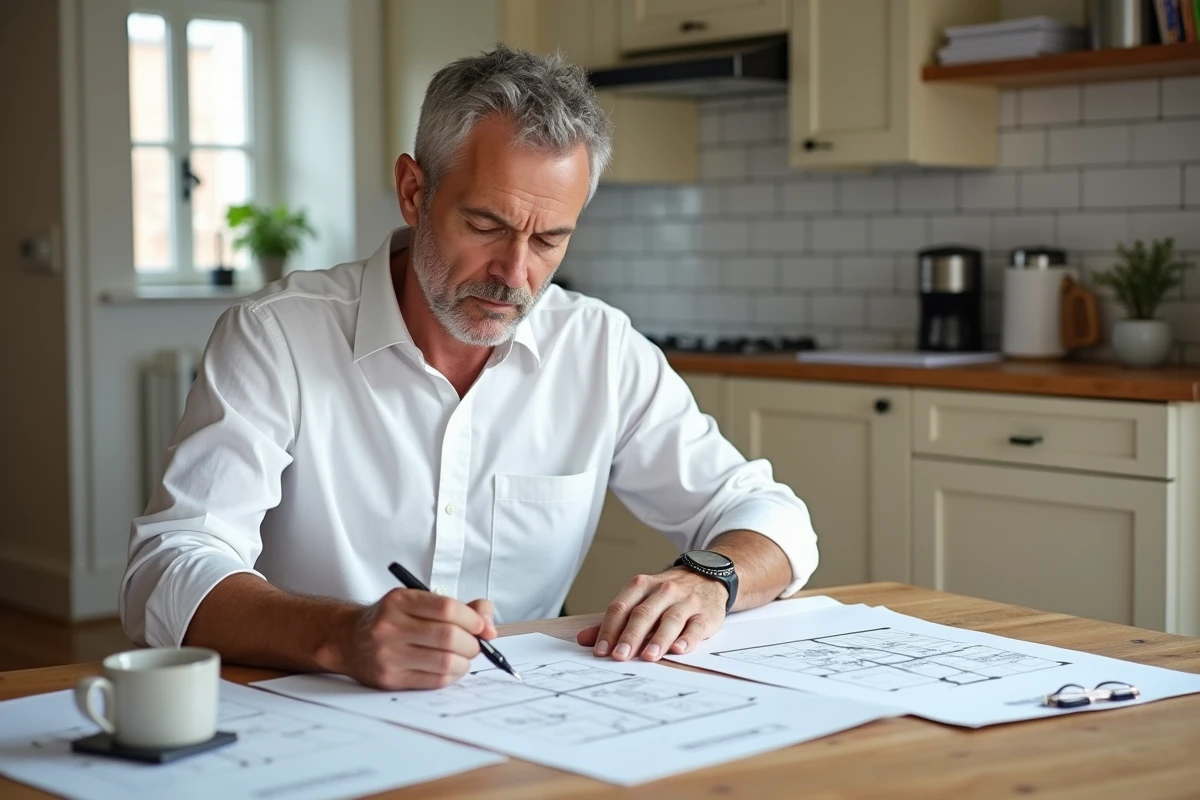 Homme analysant des plans de surface habitable et des documents immobiliers à une table de cuisine