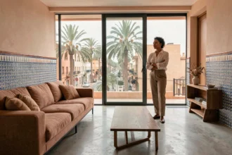 Femme dans un appartement moderne à Marrakech avec vue sur la ville et décoration alliant style marocain et contemporain