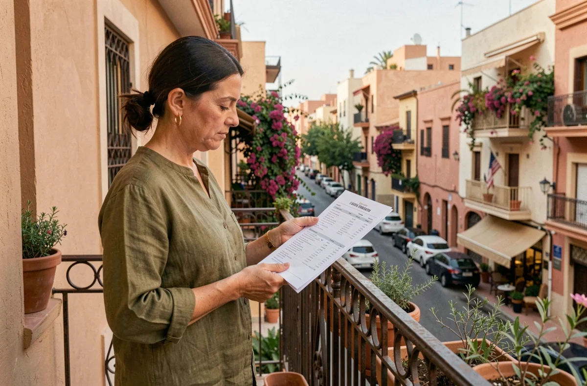 Femme consultant une annonce immobilière sur le balcon d'un appartement à vendre à Guéliz Marrakech