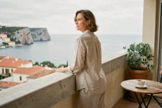 Femme sur le balcon d'un appartement avec vue sur mer, contemplant l'horizon côtier depuis sa résidence principale