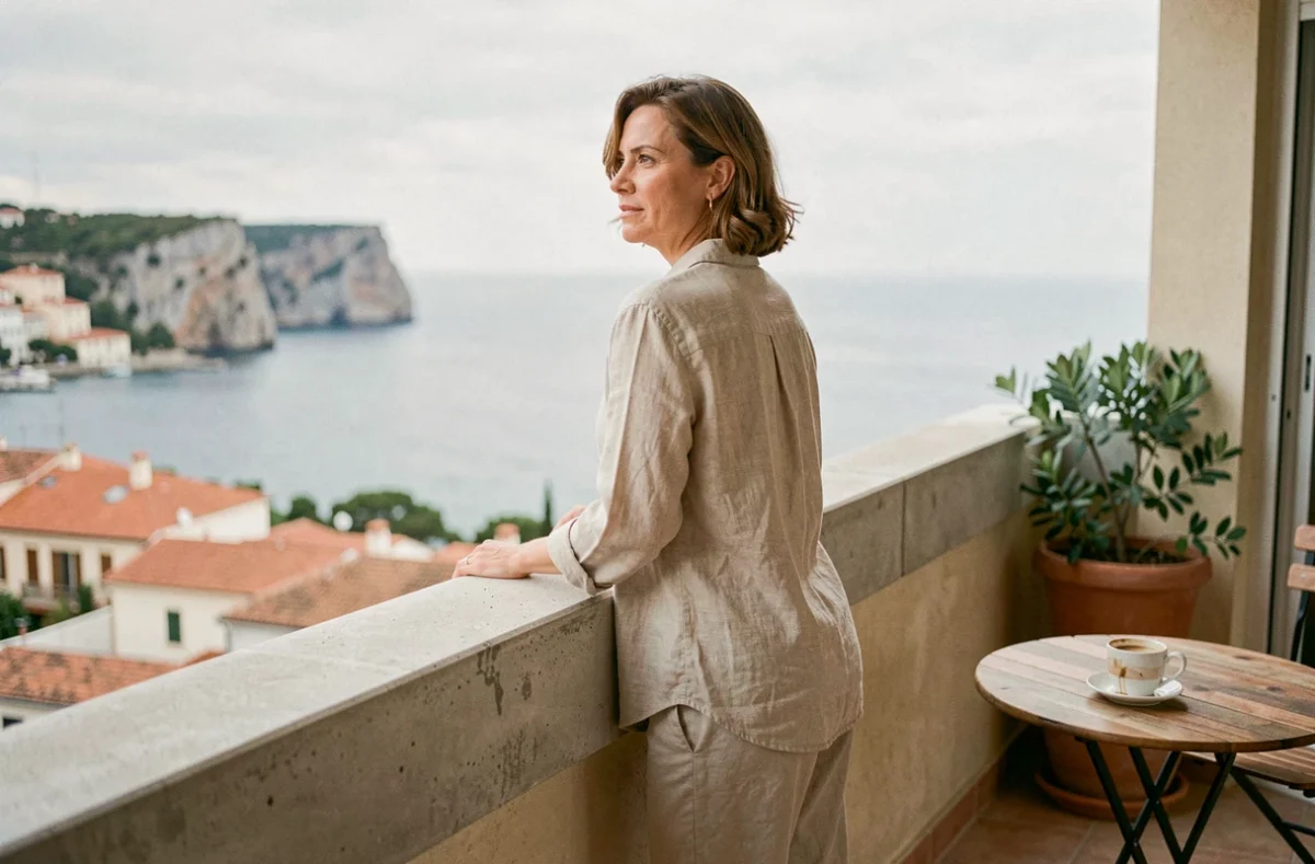 Femme sur le balcon d'un appartement avec vue sur mer, contemplant l'horizon côtier depuis sa résidence principale