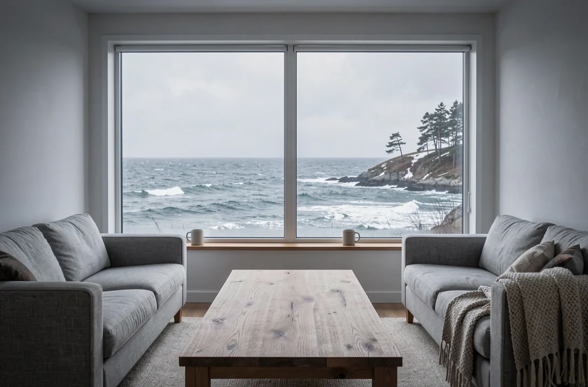 Salon d'un appartement vue sur mer en hiver, atmosphère de vie à l'année en bord de mer avec mer agitée et ciel nuageux