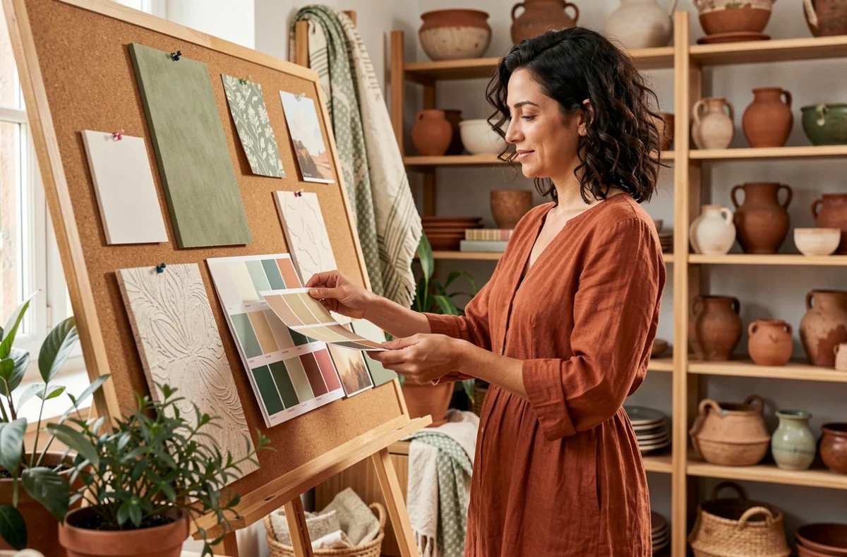 Designer d'Apsara Créations présentant des échantillons de matériaux et des planches couleur dans un atelier décoratif méditerranéen