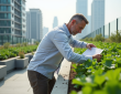 Architecte inspectant un jardin sur un toit urbain