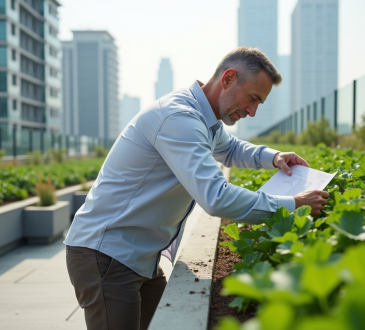 Architecte inspectant un jardin sur un toit urbain
