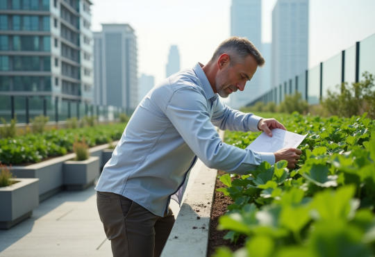 Architecte inspectant un jardin sur un toit urbain