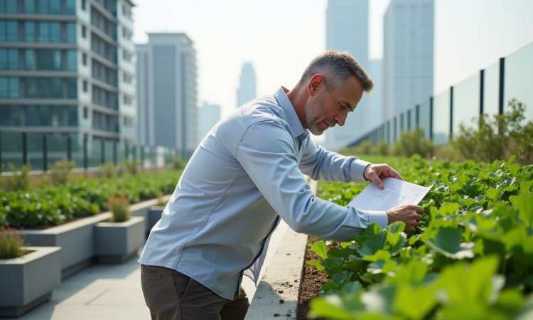 Architecte inspectant un jardin sur un toit urbain