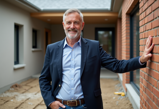Architecte devant maison moderne en briques et bois