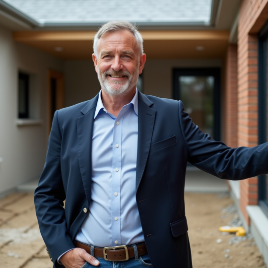 Architecte devant maison moderne en briques et bois