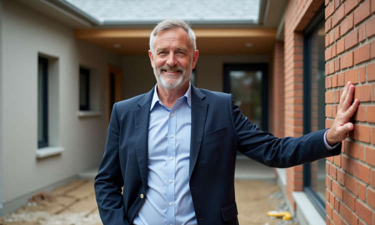 Architecte devant maison moderne en briques et bois