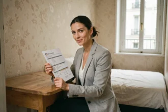 Femme consultant un document d'assurance dans une petite chambre de moins de 9m2 dans un appartement parisien