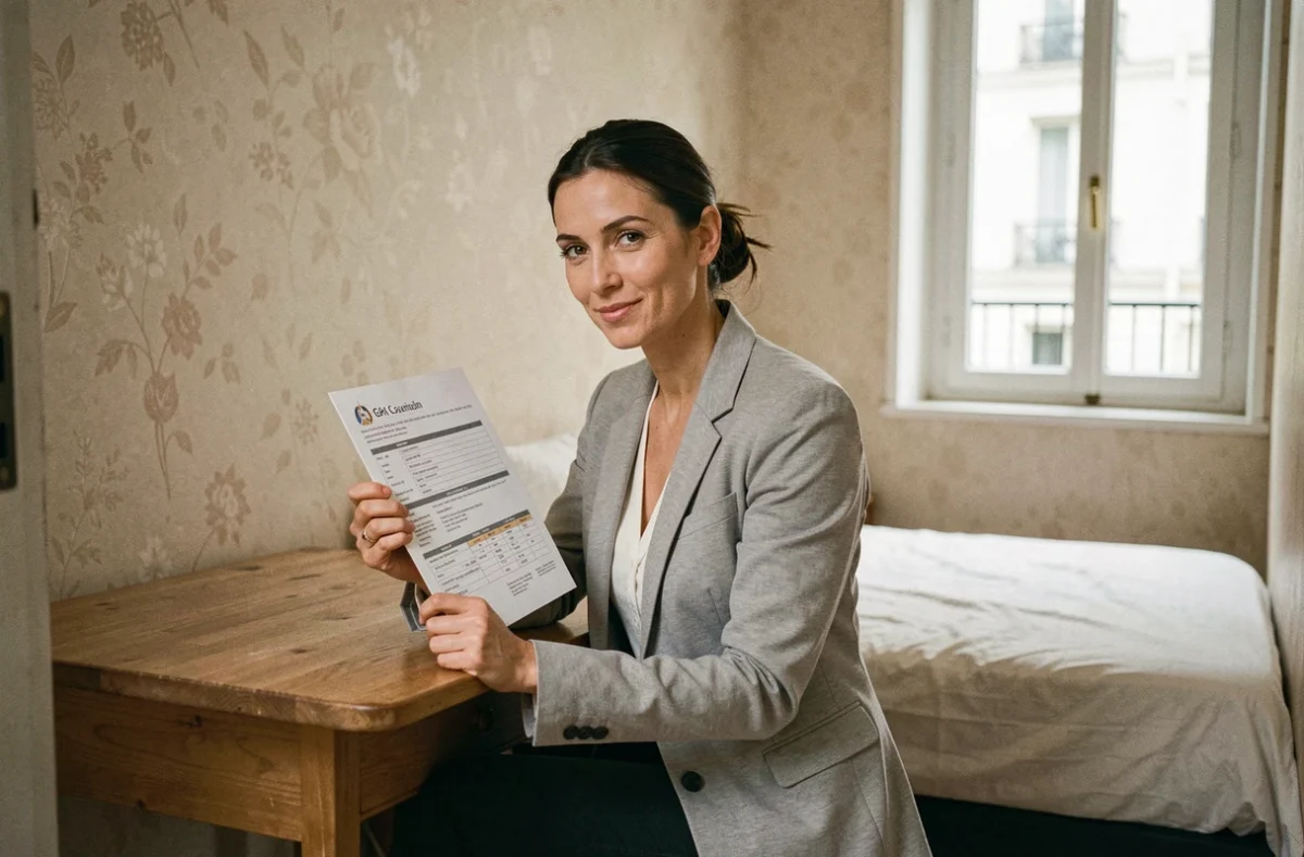Femme consultant un document d'assurance dans une petite chambre de moins de 9m2 dans un appartement parisien