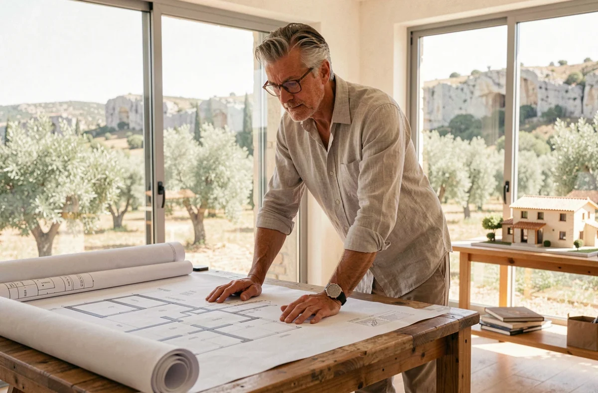 Architecte de l'Atelier d'Architecture Pierre Ponzetto Associés étudiant des plans de rénovation énergétique dans un atelier lumineux en Provence