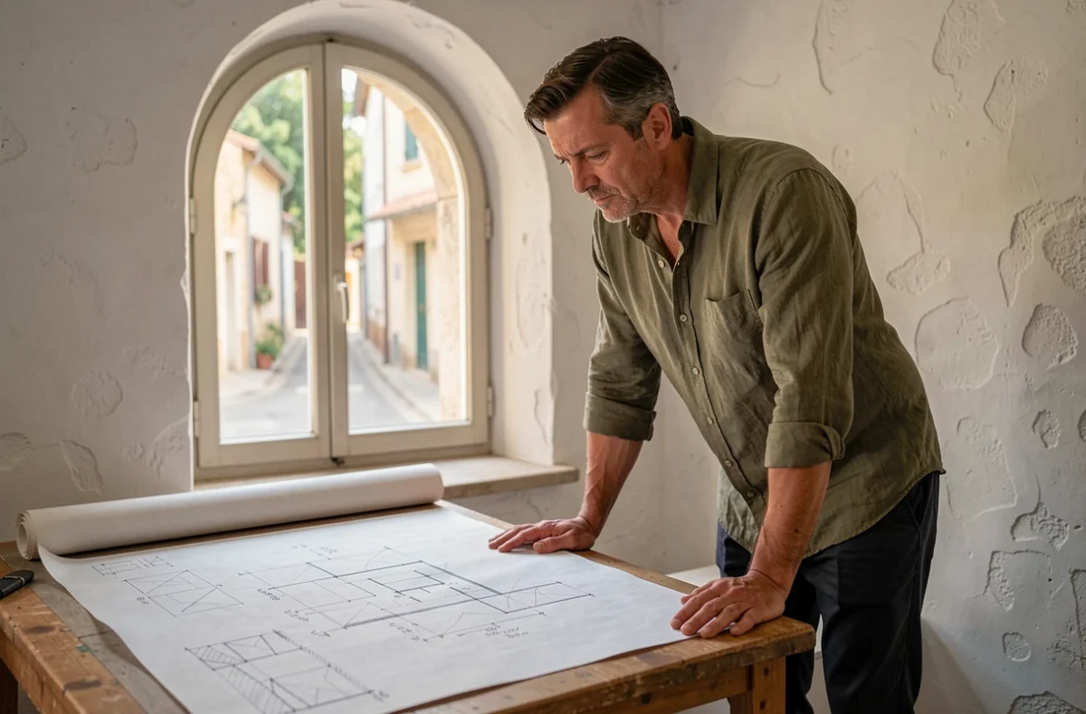 Architecte de l'Atelier Eisse penché sur des croquis à la main dans un atelier intimiste aux murs blanchis à la chaux