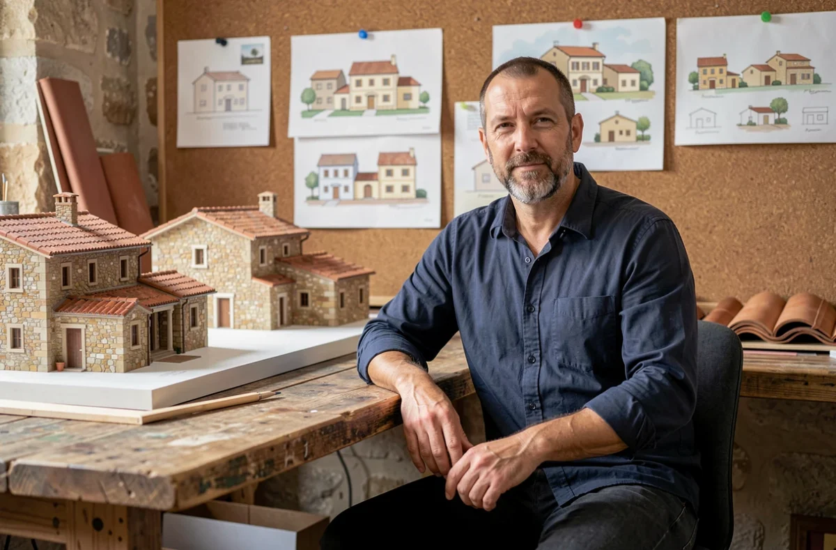 Architecte de l'Atelier Music à Brignoles assis dans son atelier créatif entouré de maquettes en pierre provençale et d'échantillons de tuiles