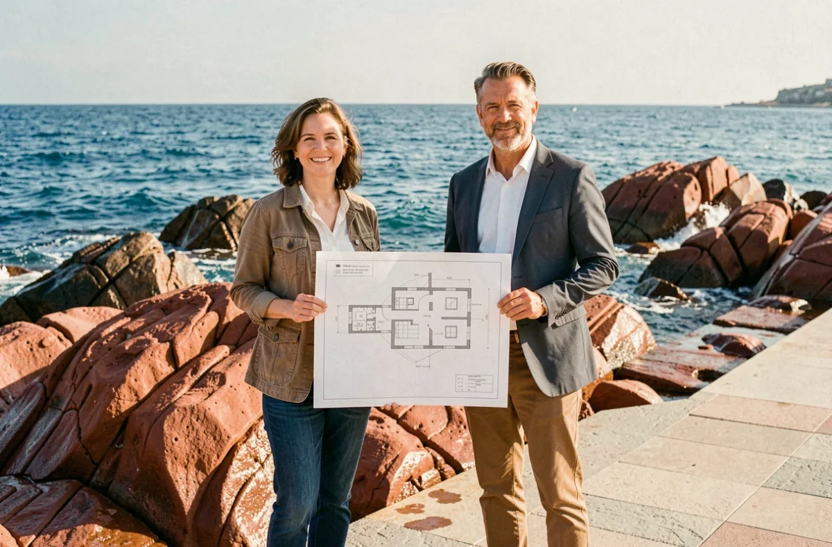 Architectes de l'Atelier NM à Saint-Raphaël tenant un plan devant les rochers de porphyre rouge et la mer Méditerranée