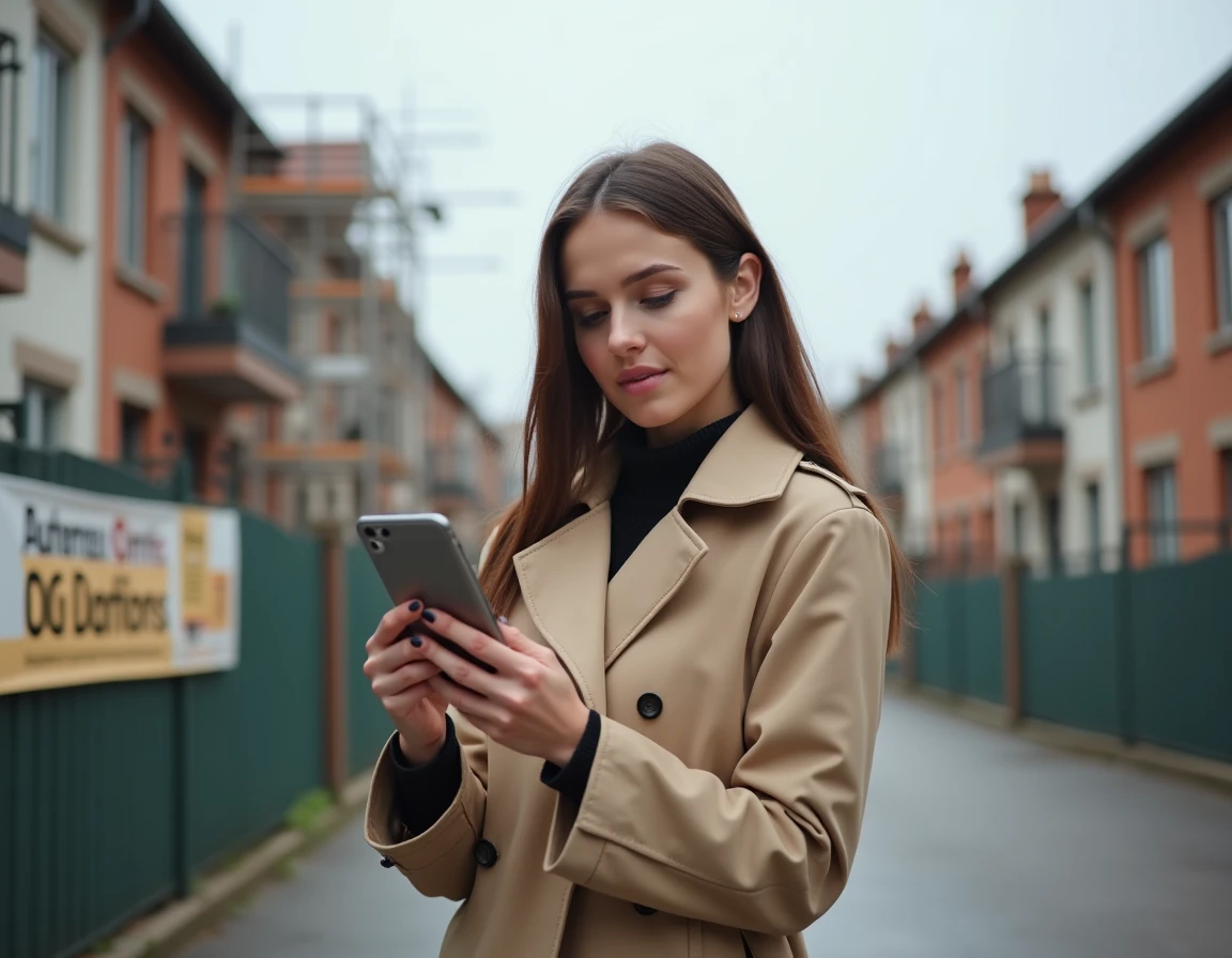 Jeune femme consultant les avis clients d'un constructeur immobilier sur smartphone dans un lotissement neuf