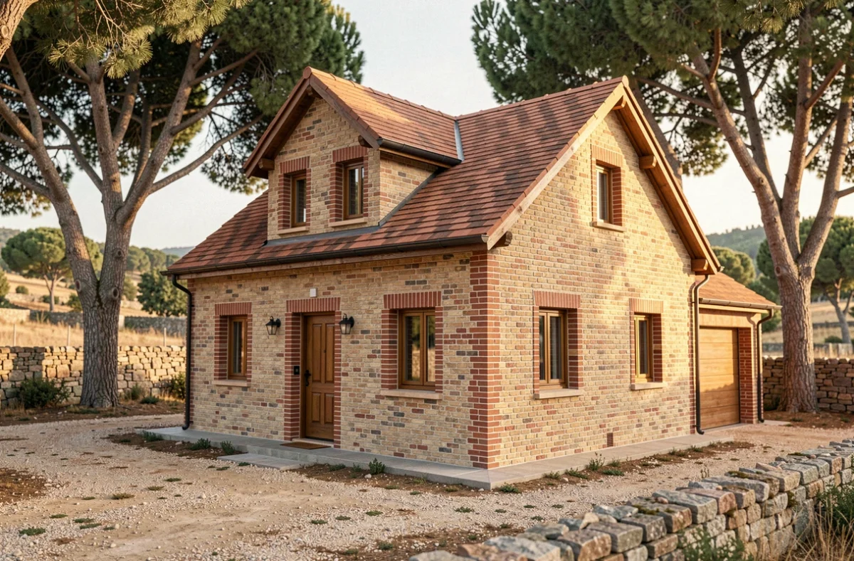 Maison individuelle Babeau Seguin en brique et enduit avec garage intégré et arbres châtaigniers en Corse