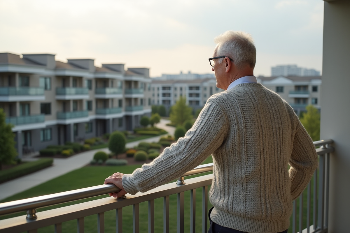 Homme mature sur balcon regardant le complexe résidentiel