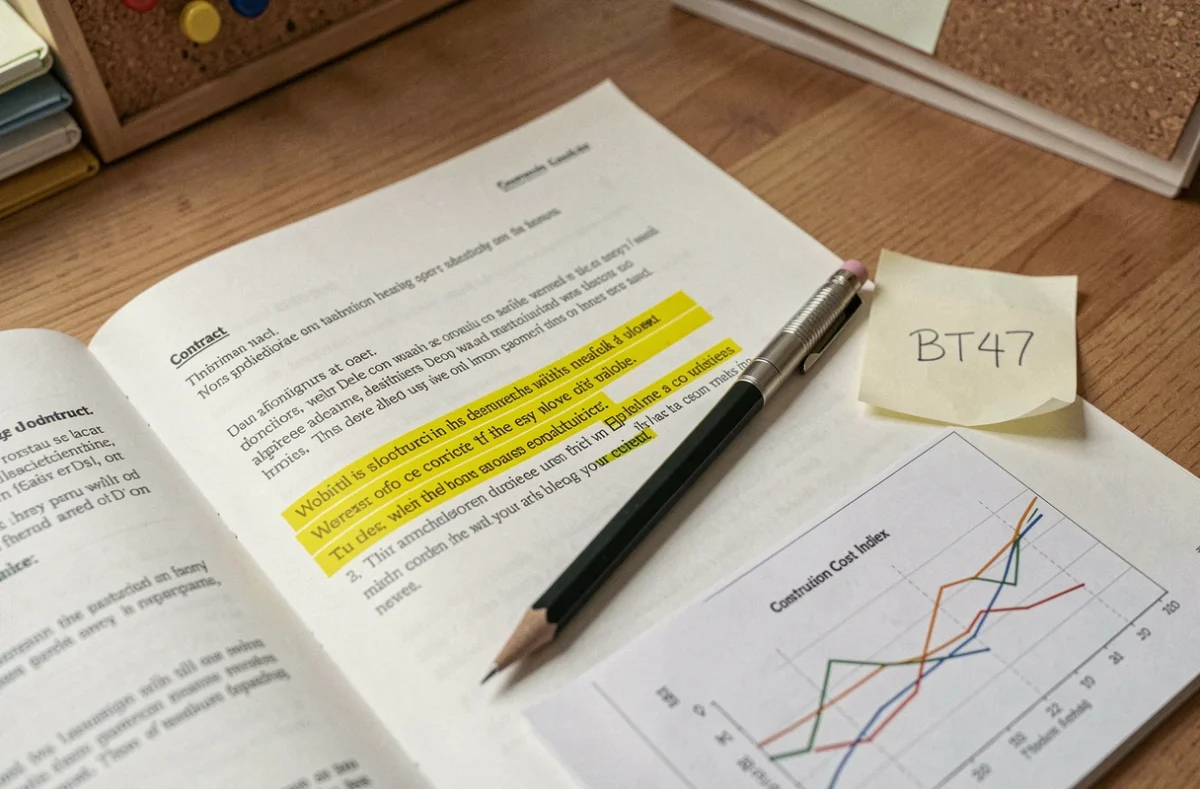 Vue aérienne d'un bureau avec un contrat ouvert annoté, un graphique d'index BT47 et une note manuscrite sur une surface en bois