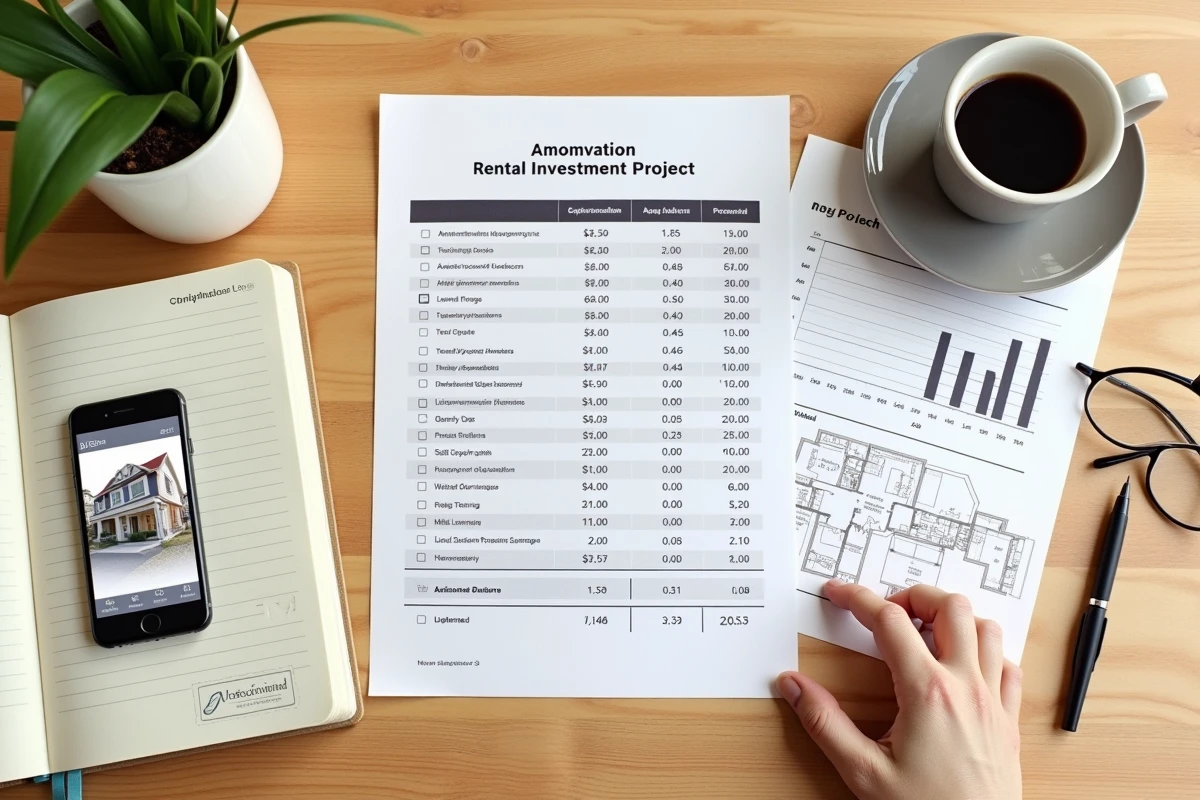 Vue aérienne d'un bureau avec simulateur d'investissement locatif, tableaux d'amortissement et calculs de rentabilité