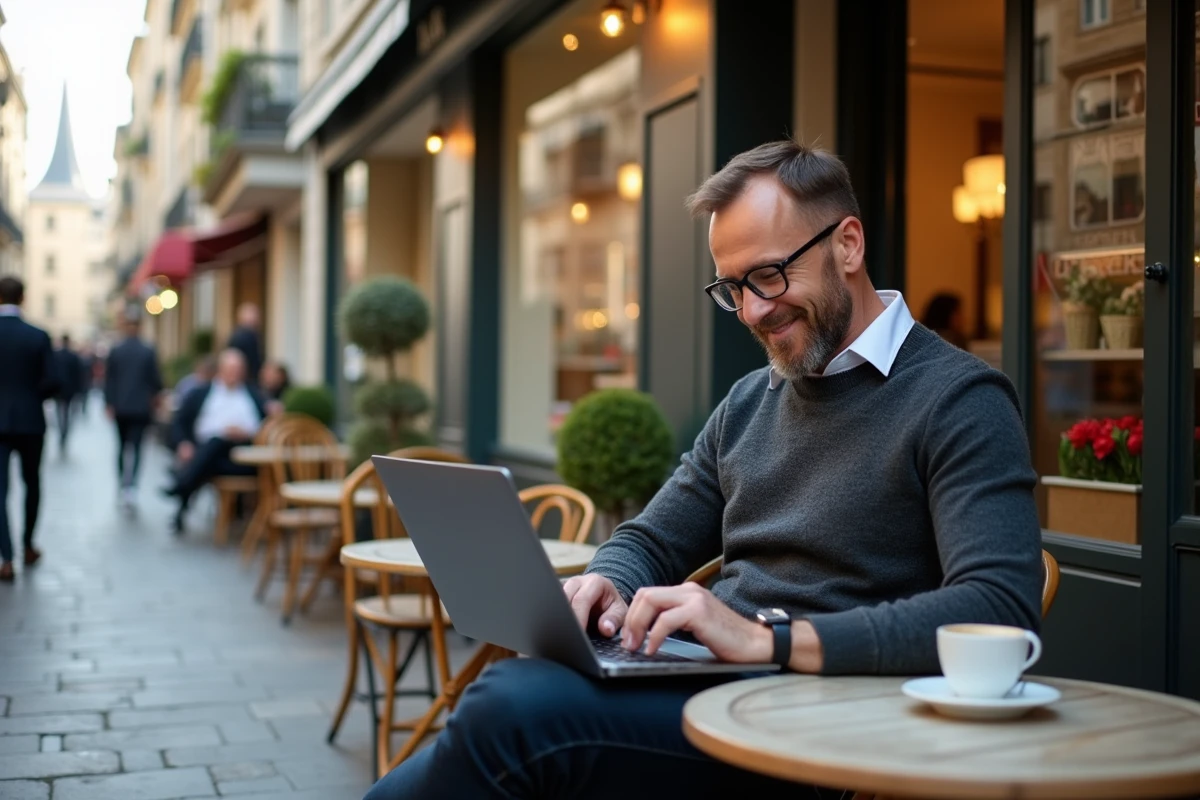 Homme consultant des annonces immobilières sur ordinateur portable en terrasse de café à Saint-Germain-en-Laye